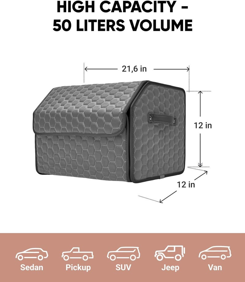 Owleys Foldable Trunk Organizer For Car - Trunk Organizers Car Storage - Collapsible Auto Trunk Organizer With Lid - Small And Large Cargo Organizer - Trunk Organization (Gray 21) - Image 2